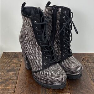 Wild Diva Women’s 7 Black Rhinestone Lace Up Boots Platform